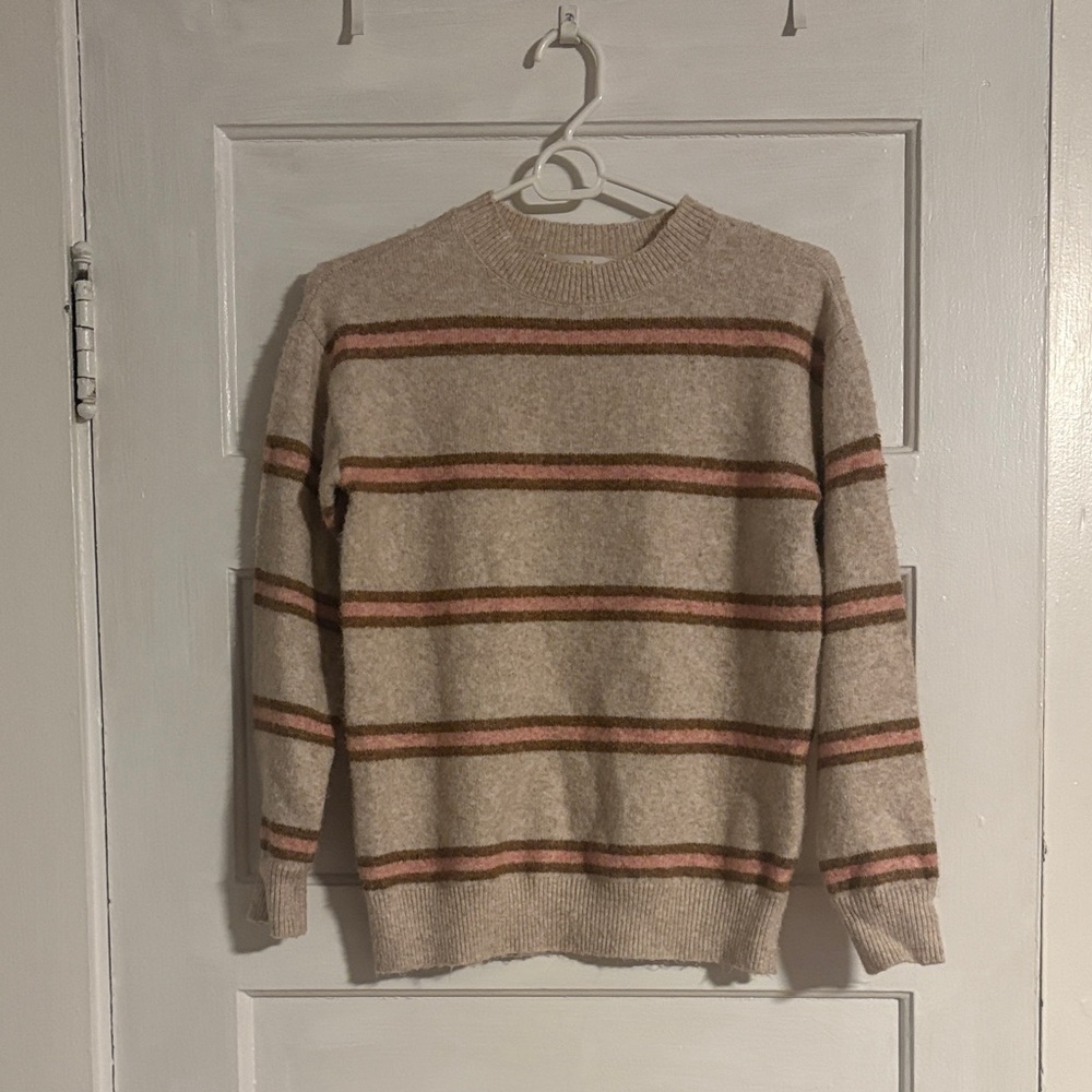 Cozy Striped Beige and Brown Women's Crewneck Sweater